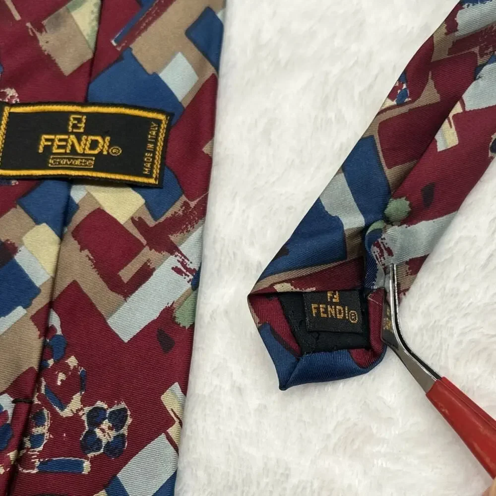 Fendi Vintage 90s Silk Tie Abstract Geometric Made in Italy Authenticated